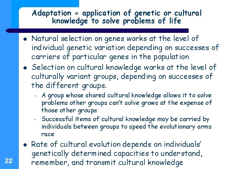 Adaptation = application of genetic or cultural knowledge to solve problems of life Natural