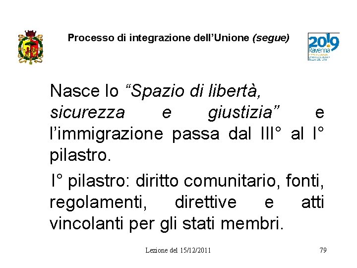 Processo di integrazione dell’Unione (segue) Nasce lo “Spazio di libertà, sicurezza e giustizia” e