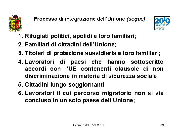 Processo di integrazione dell’Unione (segue) 1. Rifugiati politici, apolidi e loro familiari; 2. Familiari