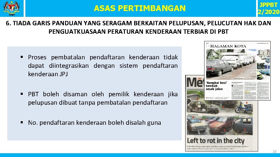 ASAS PERTIMBANGAN JPPBT 2/2020 6. TIADA GARIS PANDUAN YANG SERAGAM BERKAITAN PELUPUSAN, PELUCUTAN HAK