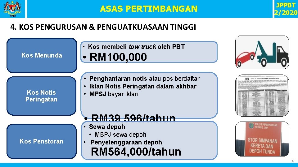 ASAS PERTIMBANGAN JPPBT 2/2020 4. KOS PENGURUSAN & PENGUATKUASAAN TINGGI • Kos membeli tow