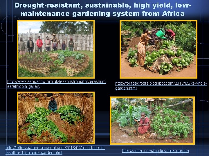 Drought-resistant, sustainable, high yield, lowmaintenance gardening system from Africa http: //www. sendacow. org. uk/lessonsfromafrica/resourc