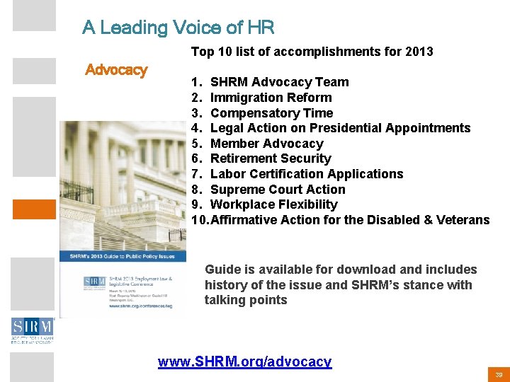 A Leading Voice of HR Top 10 list of accomplishments for 2013 Advocacy 1.