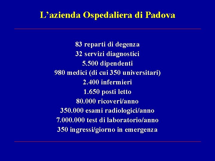 L’azienda Ospedaliera di Padova 83 reparti di degenza 32 servizi diagnostici 5. 500 dipendenti