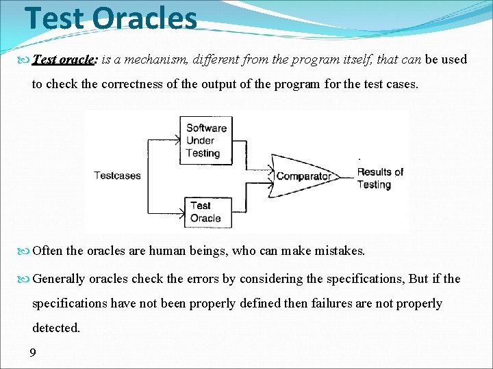 Test Oracles Test oracle: is a mechanism, different from the program itself, that can