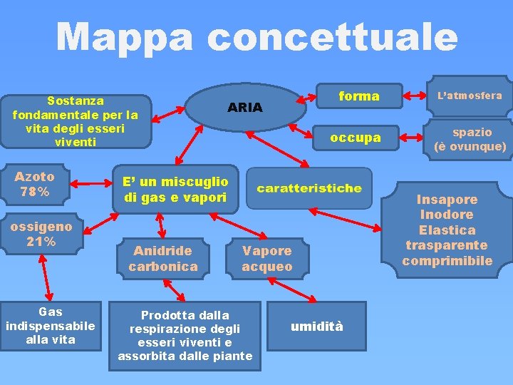 Mappa concettuale Sostanza fondamentale per la vita degli esseri viventi Azoto 78% ossigeno 21% Mappa concettuale Sostanza fondamentale per la vita degli esseri viventi Azoto 78% ossigeno 21%