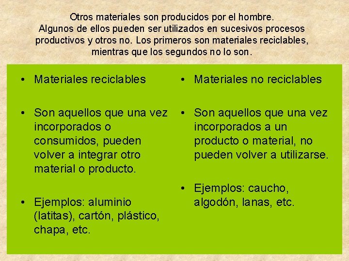 Otros materiales son producidos por el hombre. Algunos de ellos pueden ser utilizados en