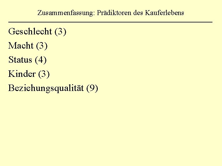 Zusammenfassung: Prädiktoren des Kauferlebens Geschlecht (3) Macht (3) Status (4) Kinder (3) Beziehungsqualität (9)