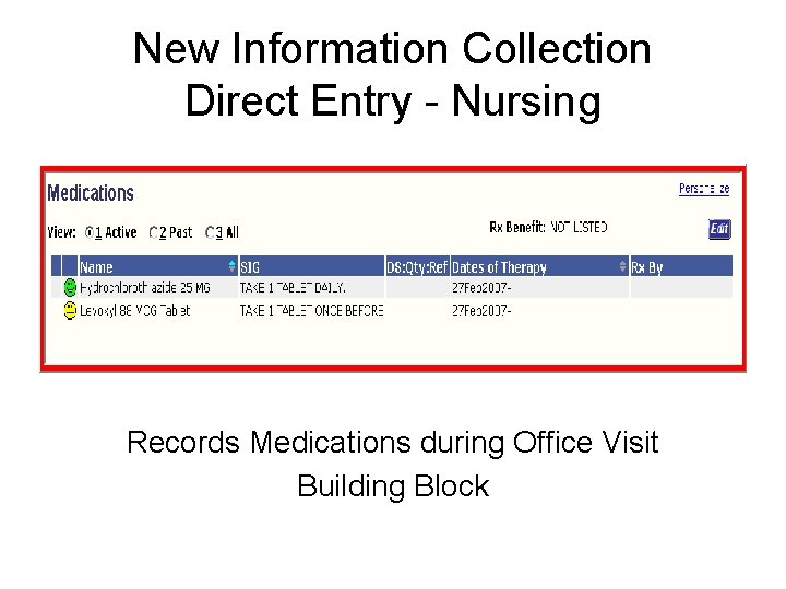 New Information Collection Direct Entry - Nursing Records Medications during Office Visit Building Block