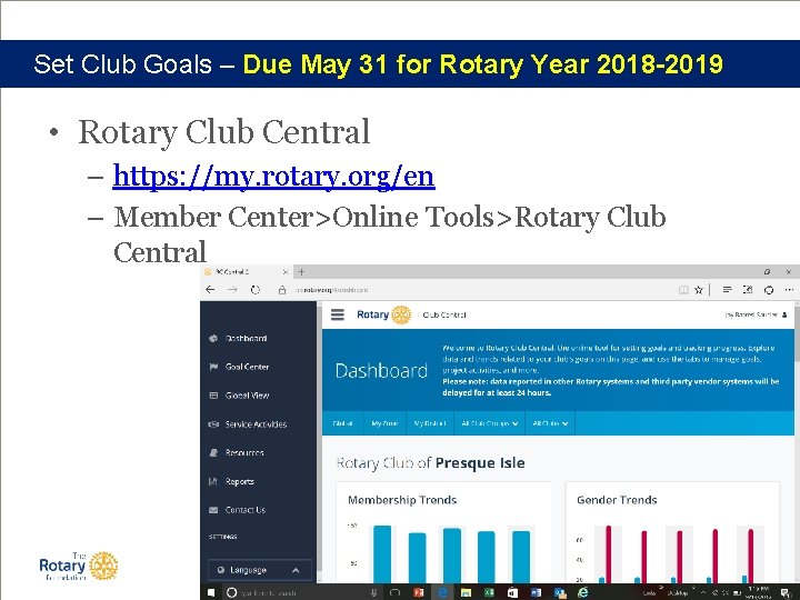 Set Club Goals – Due May 31 for Rotary Year 2018 -2019 • Rotary