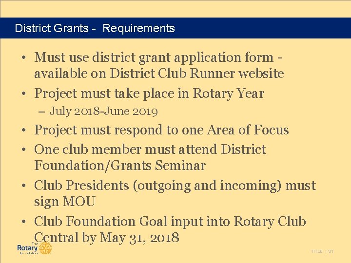 District Grants - Requirements • Must use district grant application form available on District