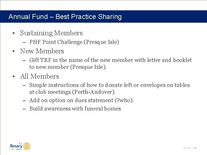 Annual Fund – Best Practice Sharing • Sustaining Members – PHF Point Challenge (Presque