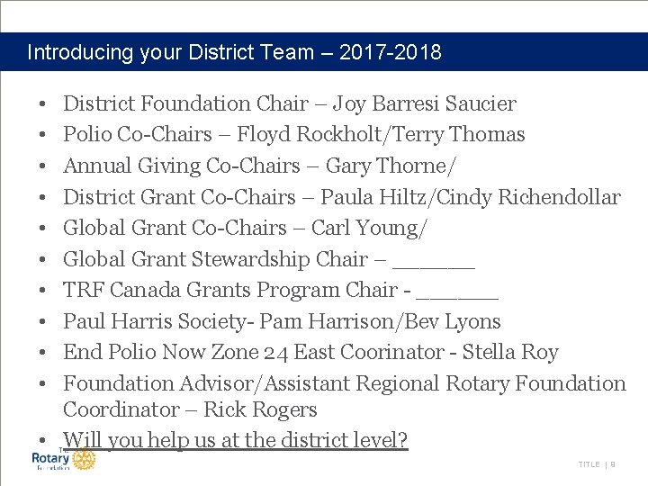 Introducing your District Team – 2017 -2018 • • • District Foundation Chair –