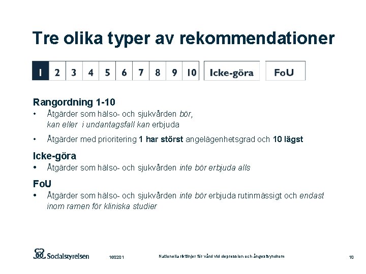 Tre olika typer av rekommendationer Rangordning 1 -10 • Åtgärder som hälso- och sjukvården