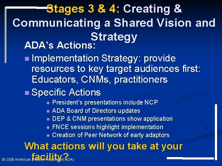 Stages 3 & 4: Creating & Communicating a Shared Vision and Strategy ADA’s Actions: Stages 3 & 4: Creating & Communicating a Shared Vision and Strategy ADA’s Actions: