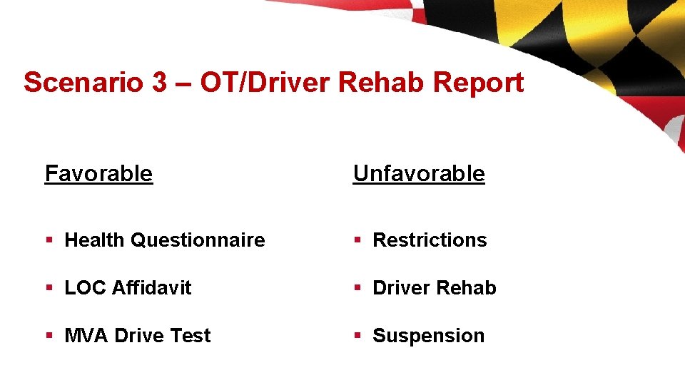 Scenario 3 – OT/Driver Rehab Report Favorable Unfavorable § Health Questionnaire § Restrictions §