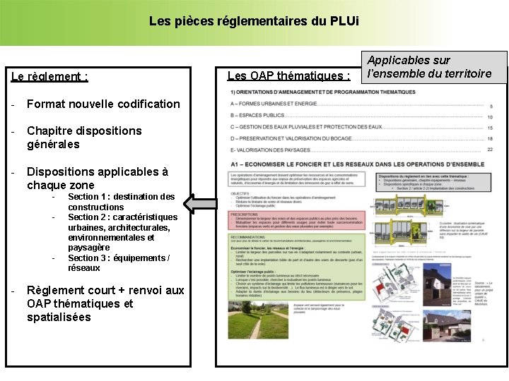 Les pièces réglementaires du PLUi Le règlement : - Format nouvelle codification - Chapitre