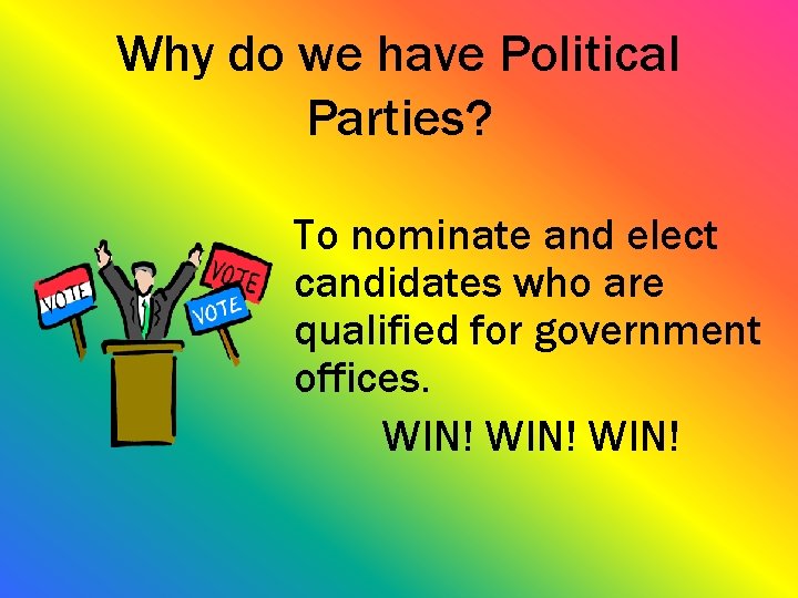 Why do we have Political Parties? To nominate and elect candidates who are qualified