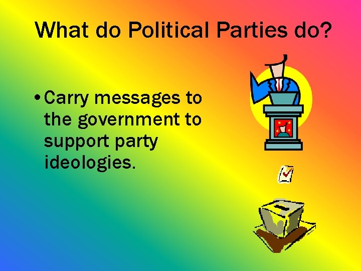 What do Political Parties do? • Carry messages to the government to support party
