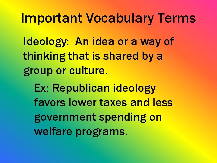 Important Vocabulary Terms Ideology: An idea or a way of thinking that is shared