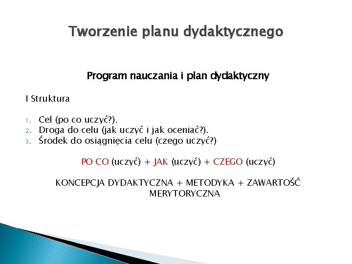 Tworzenie planu dydaktycznego Program nauczania i plan dydaktyczny I Struktura 1. 2. 3. Cel