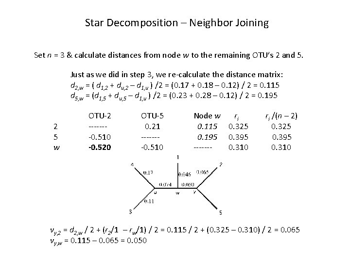 Star Decomposition – Neighbor Joining Set n = 3 & calculate distances from node