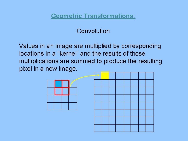 Geometric Transformations: Convolution Values in an image are multiplied by corresponding locations in a