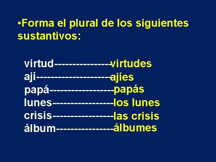  • Forma el plural de los siguientes sustantivos: virtud--------virtudes ají-----------ajíes papá---------papás lunes---------los lunes
