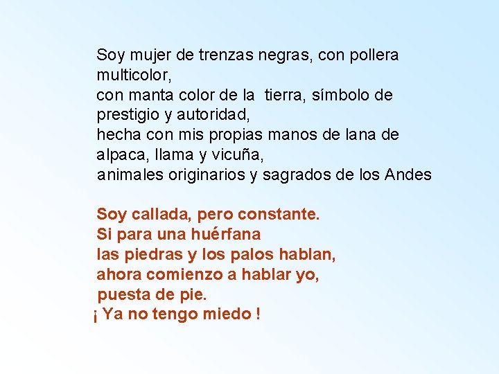 Soy mujer de trenzas negras, con pollera multicolor, con manta color de la tierra,