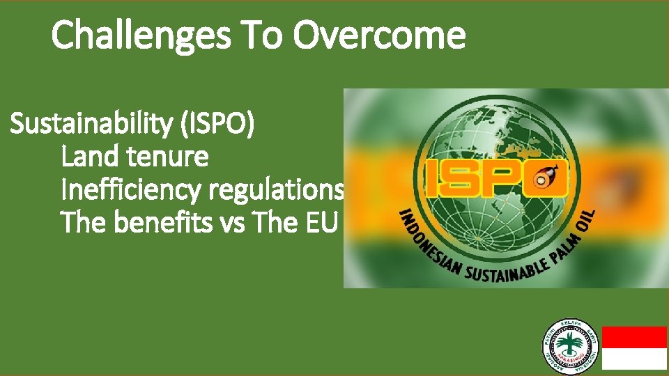 Challenges To Overcome Sustainability (ISPO) Land tenure Inefficiency regulations The benefits vs The EU