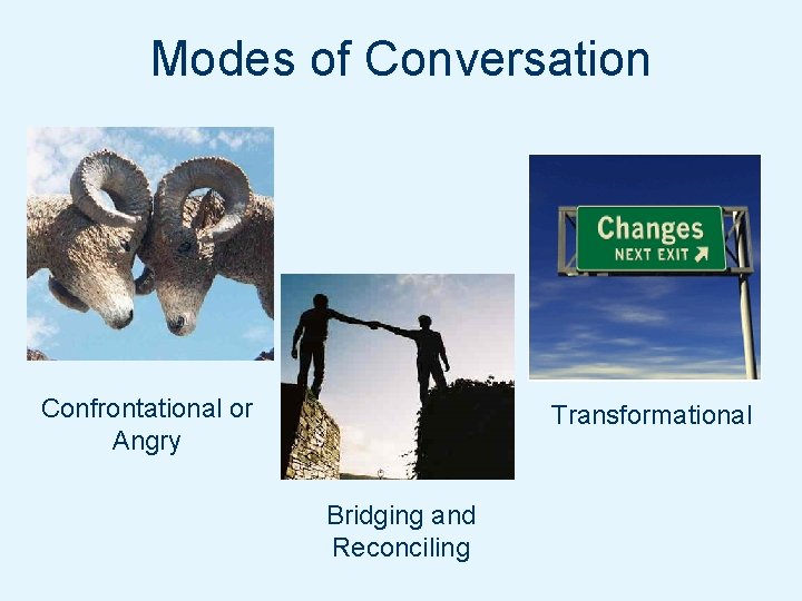 Modes of Conversation Confrontational or Angry Transformational Bridging and Reconciling 