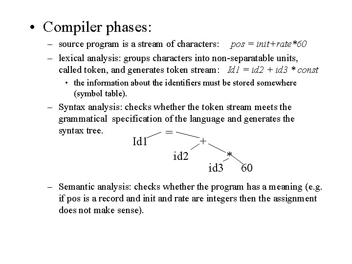 • Compiler phases: – source program is a stream of characters: pos = • Compiler phases: – source program is a stream of characters: pos =