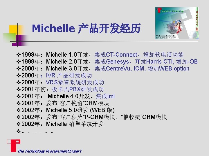 Michelle 产品开发经历 v 1998年：Michelle 1. 0开发，集成CT-Connect，增加软电话功能 v 1999年：Michelle 2. 0开发，集成Genesys，开发Harris CTI, 增加-OB v 2000年：Michelle