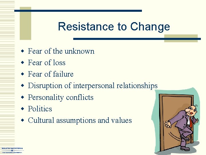 Resistance to Change w w w w Fear of the unknown Fear of loss