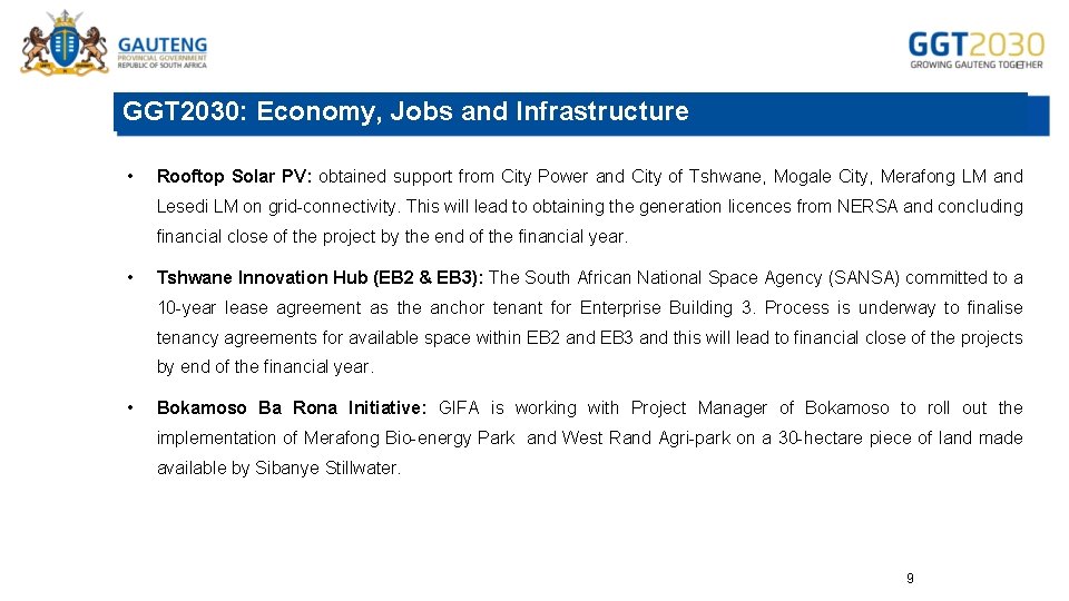 GGT 2030: Economy, Jobs and Infrastructure • Rooftop Solar PV: obtained support from City