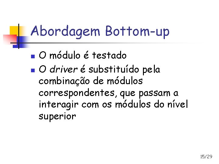 Abordagem Bottom-up n n O módulo é testado O driver é substituído pela combinação