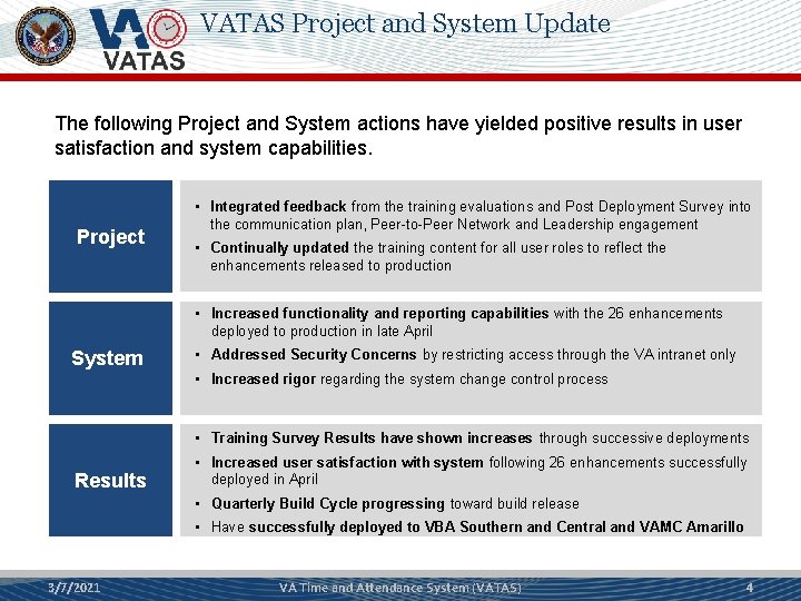 VATAS Project and System Update The following Project and System actions have yielded positive