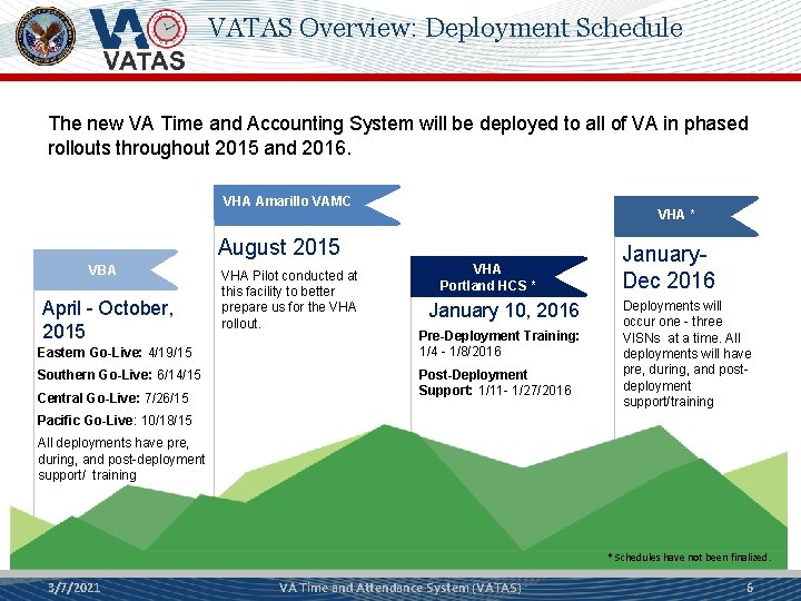 VATAS Overview: Deployment Schedule The new VA Time and Accounting System will be deployed