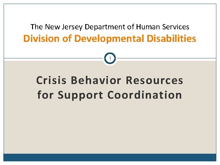 The New Jersey Department of Human Services Division of Developmental Disabilities 1 Crisis Behavior