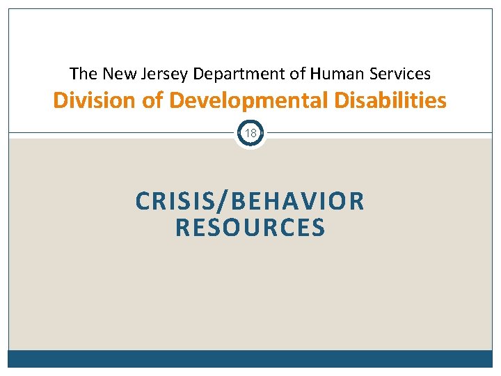 The New Jersey Department of Human Services Division of Developmental Disabilities 18 CRISIS/BEHAVIOR RESOURCES