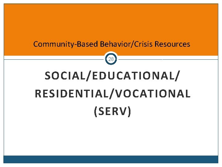 Community-Based Behavior/Crisis Resources 28 SOCIAL/EDUCATIONAL/ RESIDENTIAL/VOCATIONAL (SERV) 