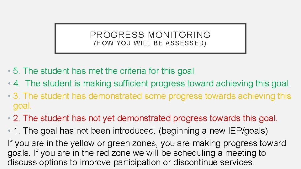 PROGRESS MONITORING (HOW YOU WILL BE ASSESSED) • 5. The student has met the