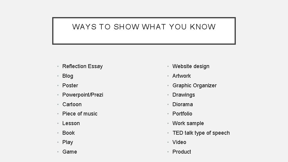 WAYS TO SHOW WHAT YOU KNOW • Reflection Essay • Website design • Blog