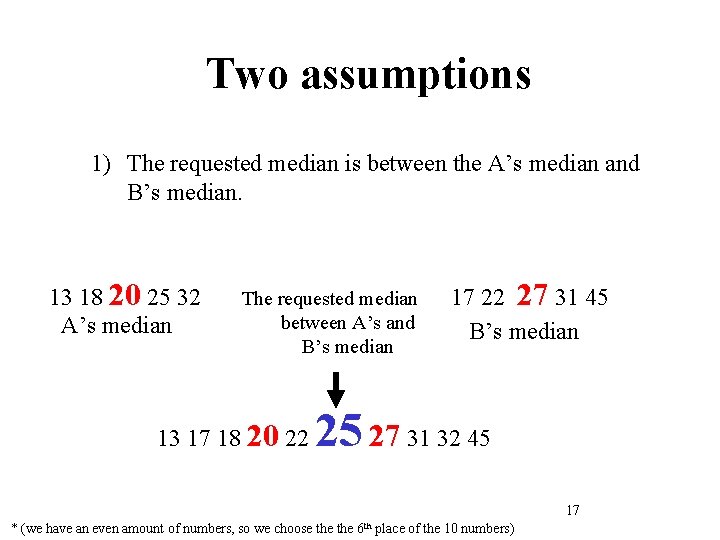 Two assumptions 1) The requested median is between the A’s median and B’s median.