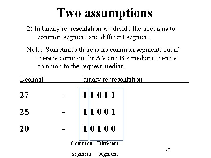 Two assumptions 2) In binary representation we divide the medians to common segment and