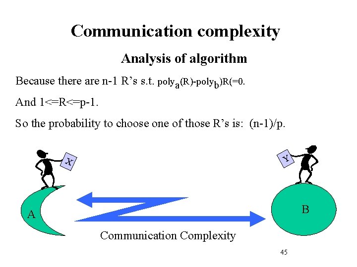 Communication complexity Analysis of algorithm Because there are n-1 R’s s. t. polya(R)-polyb)R(=0. And