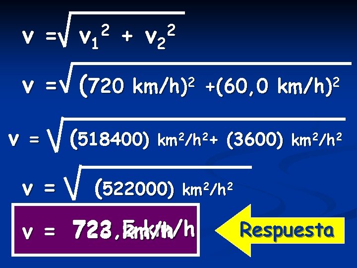 v = v 12 + v 22 v = (720 km/h)2 +(60, 0 km/h)2
