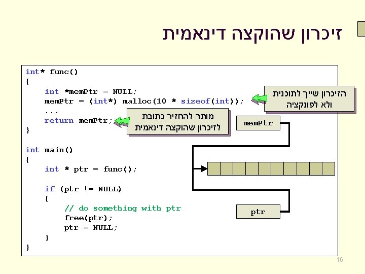  זיכרון שהוקצה דינאמית int* func() { int *mem. Ptr = NULL; הזיכרון שייך