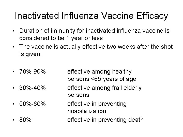 Inactivated Influenza Vaccine Efficacy • Duration of immunity for inactivated influenza vaccine is considered