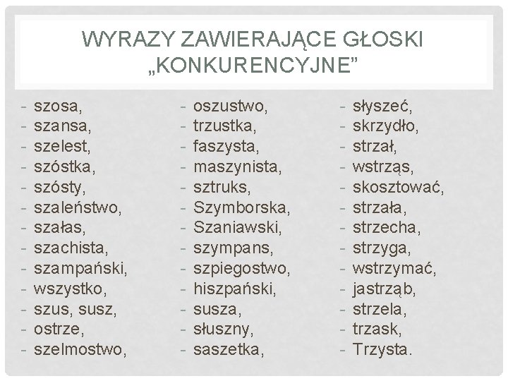 WYRAZY ZAWIERAJĄCE GŁOSKI „KONKURENCYJNE” - szosa, szansa, szelest, szóstka, szósty, szaleństwo, szałas, szachista, szampański, WYRAZY ZAWIERAJĄCE GŁOSKI „KONKURENCYJNE” - szosa, szansa, szelest, szóstka, szósty, szaleństwo, szałas, szachista, szampański,